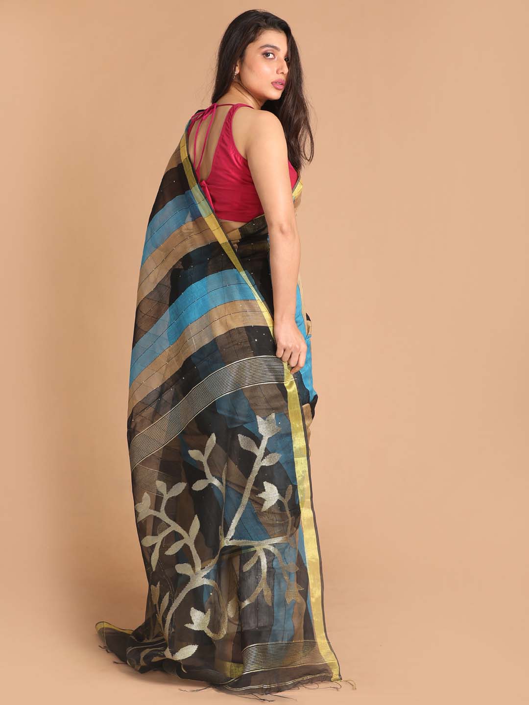 Indethnic Black Bengal Handloom Cotton Blend Work Saree - View 3