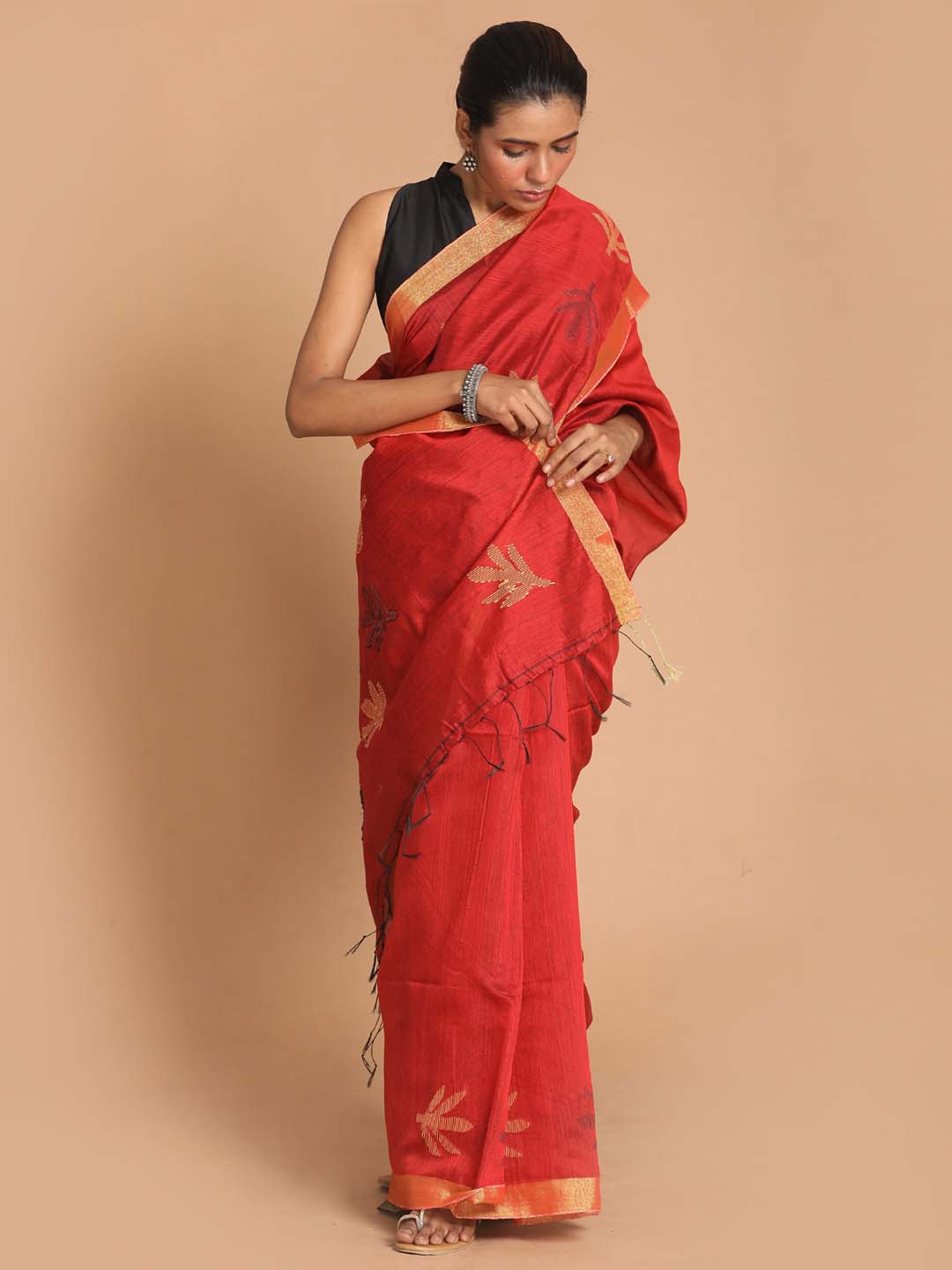 Indethnic Red Bengal Handloom Cotton Blend Work Saree - View 1