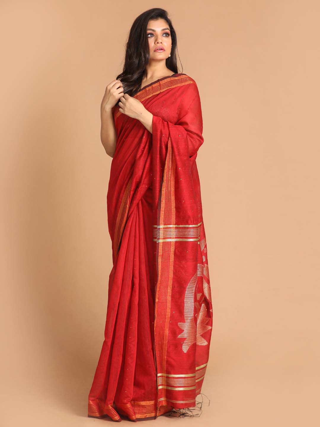 Indethnic Red Bengal Handloom Cotton Blend Work Saree - View 1