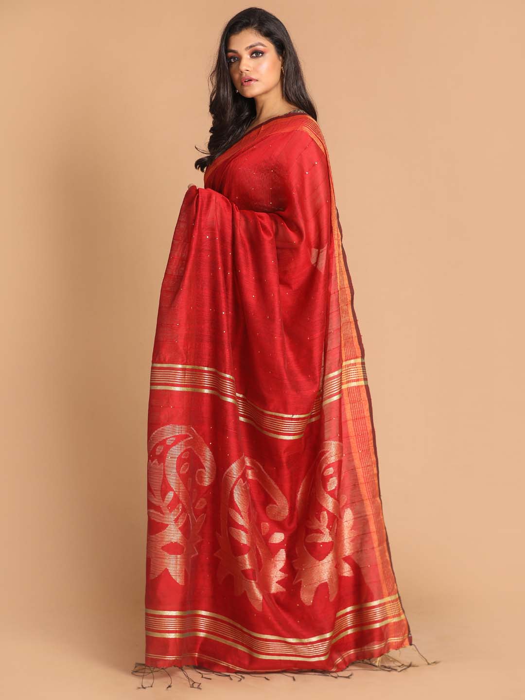 Indethnic Red Bengal Handloom Cotton Blend Work Saree - View 2