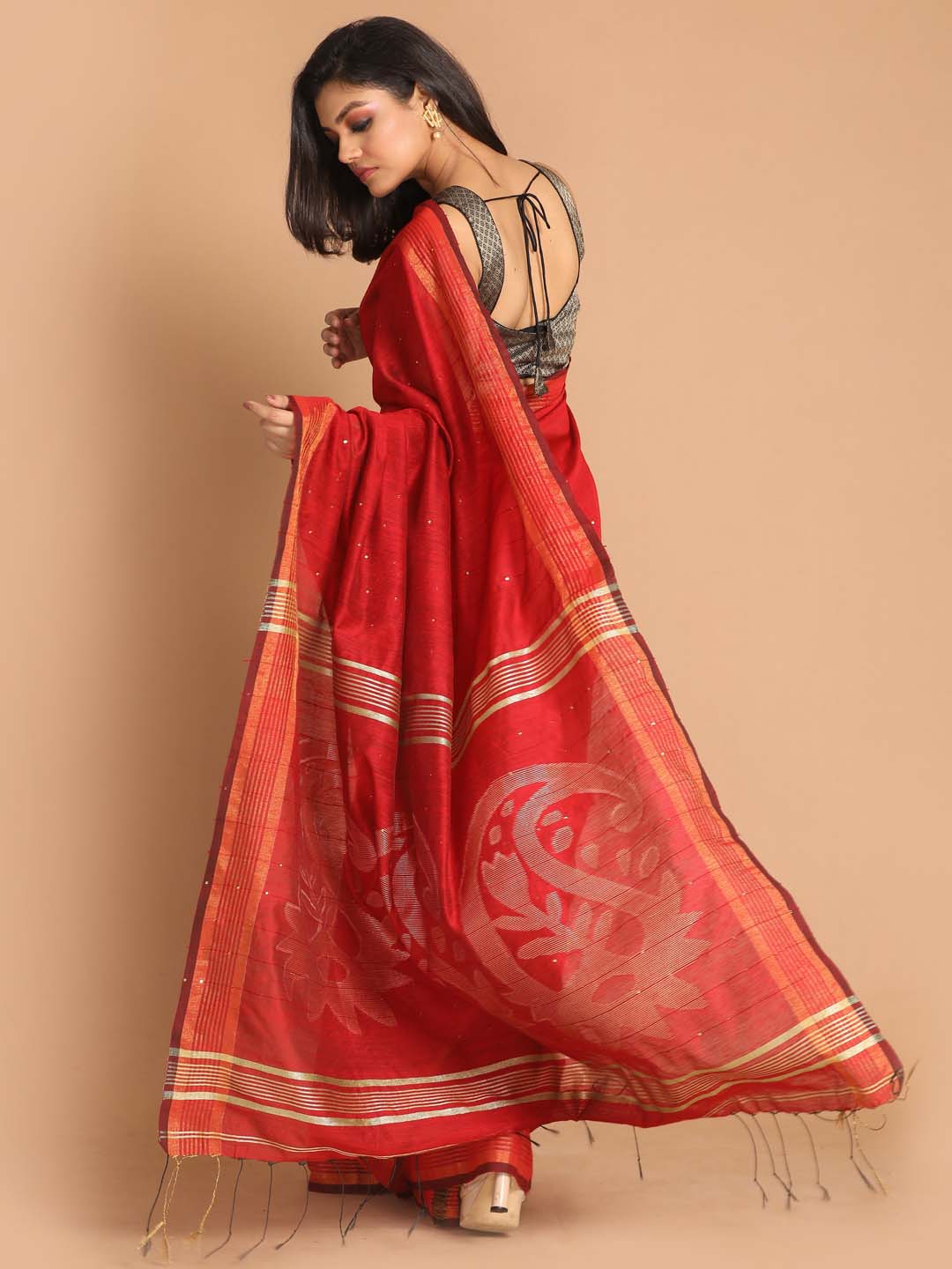 Indethnic Red Bengal Handloom Cotton Blend Work Saree - View 3