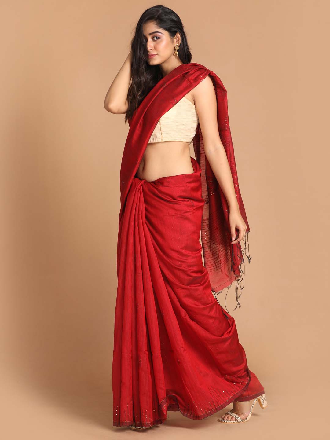 Indethnic Red Bengal Handloom Cotton Blend Work Saree - View 2