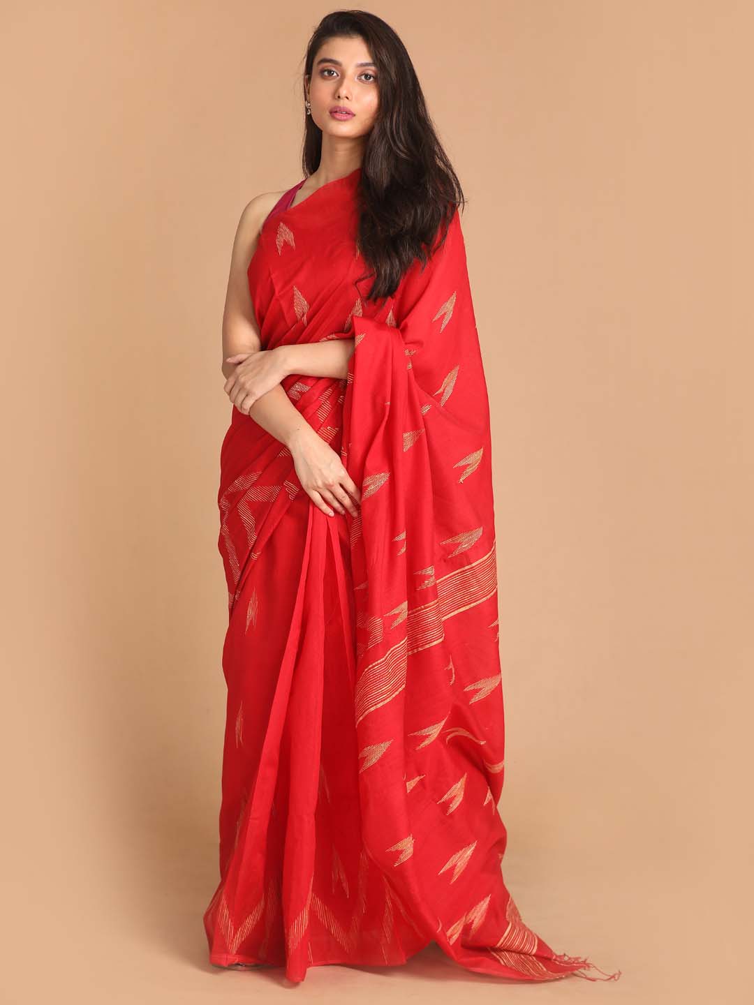 Indethnic Red Bengal Handloom Cotton Blend Work Saree - View 1