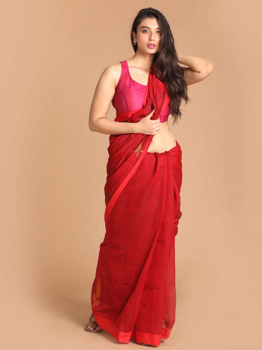 Indethnic Red Bengal Handloom Cotton Blend Work Saree - View 1