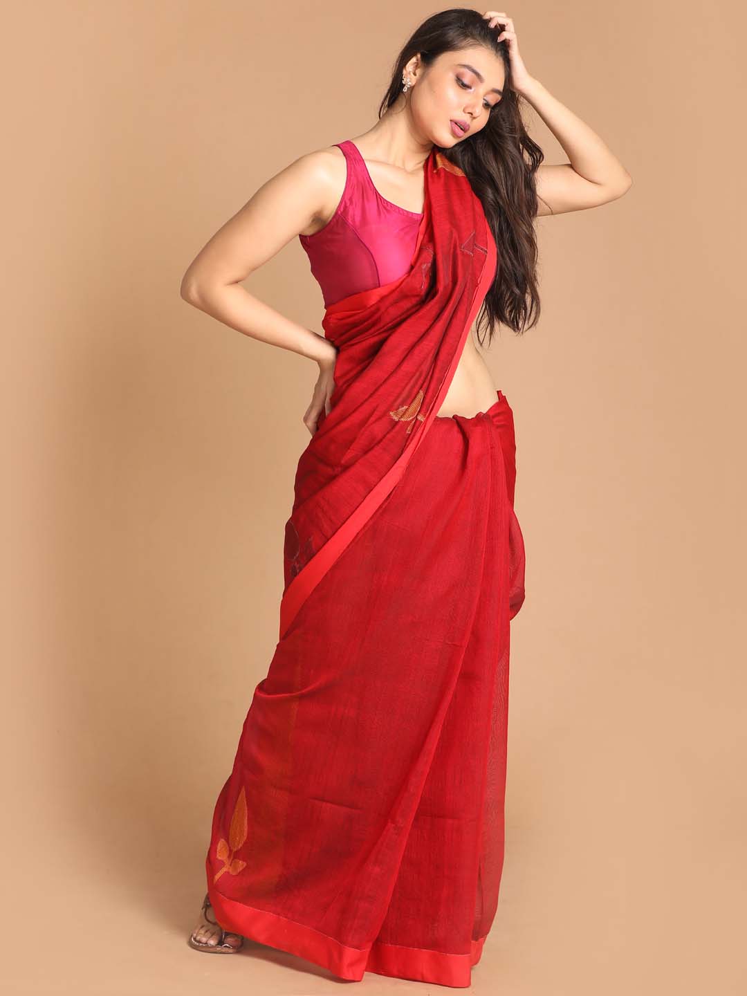 Indethnic Red Bengal Handloom Cotton Blend Work Saree - View 2