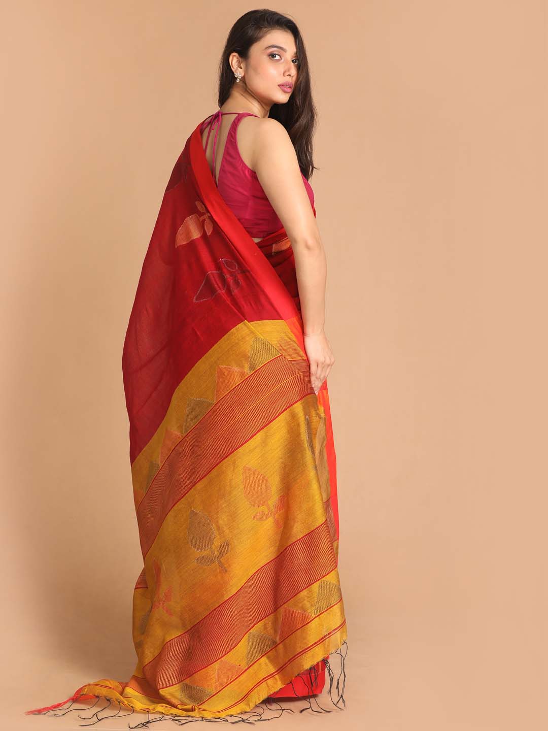 Indethnic Red Bengal Handloom Cotton Blend Work Saree - View 3