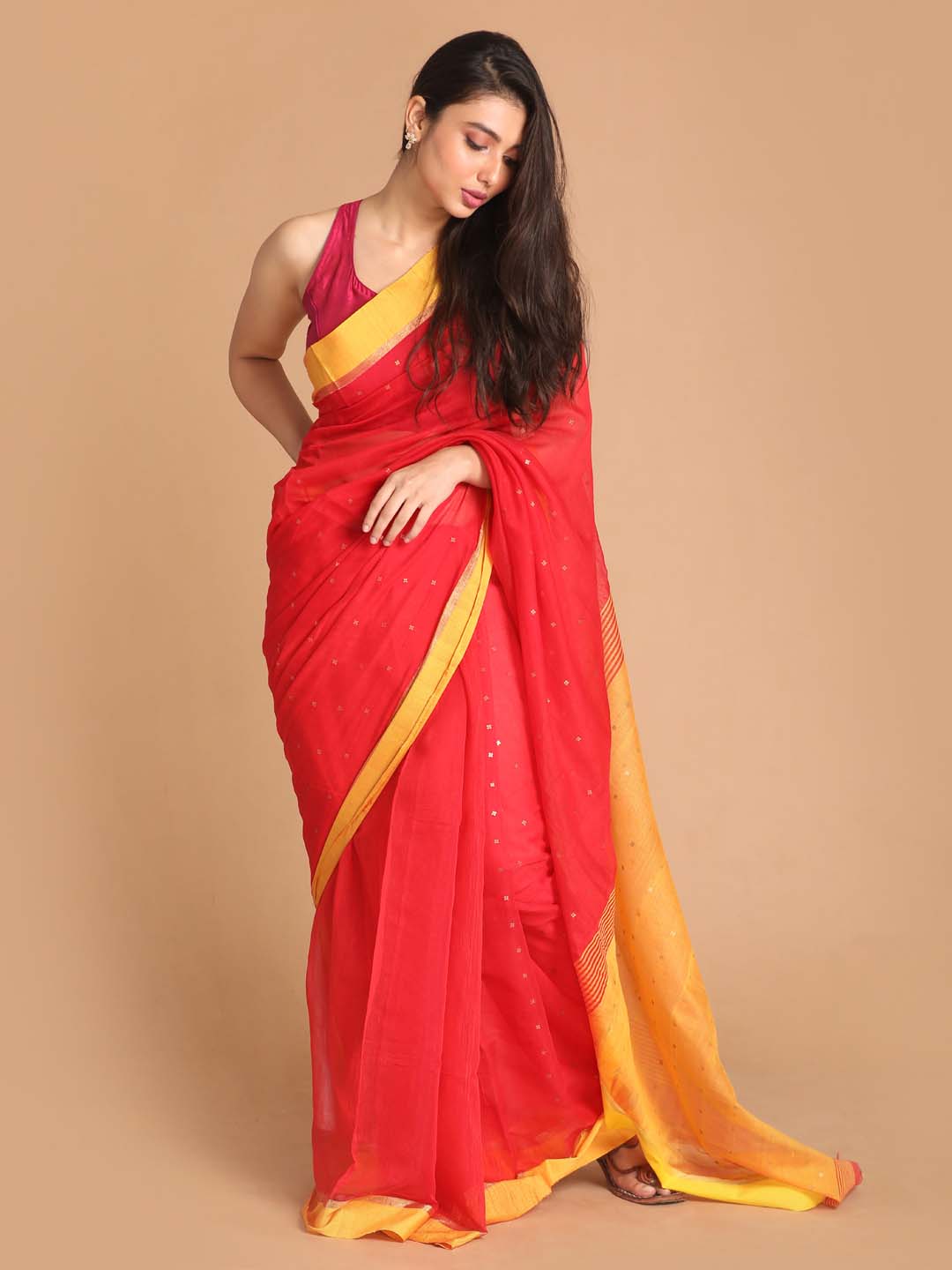 Indethnic Red Bengal Handloom Cotton Blend Work Saree - View 1