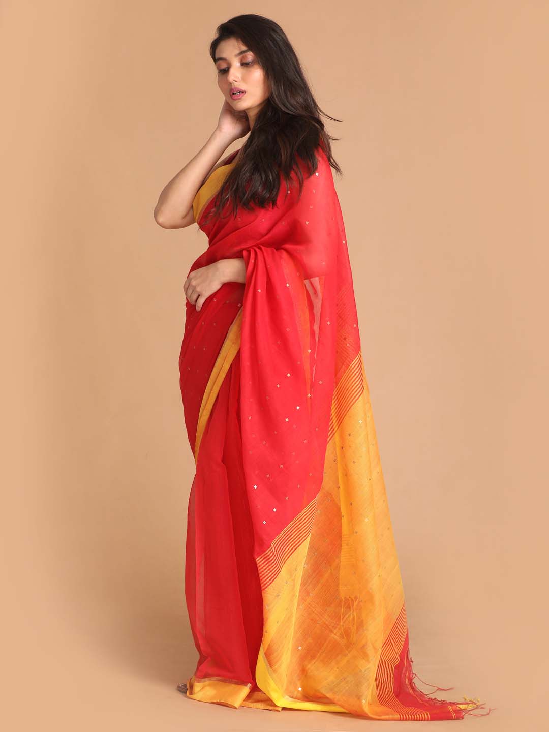 Indethnic Red Bengal Handloom Cotton Blend Work Saree - View 2