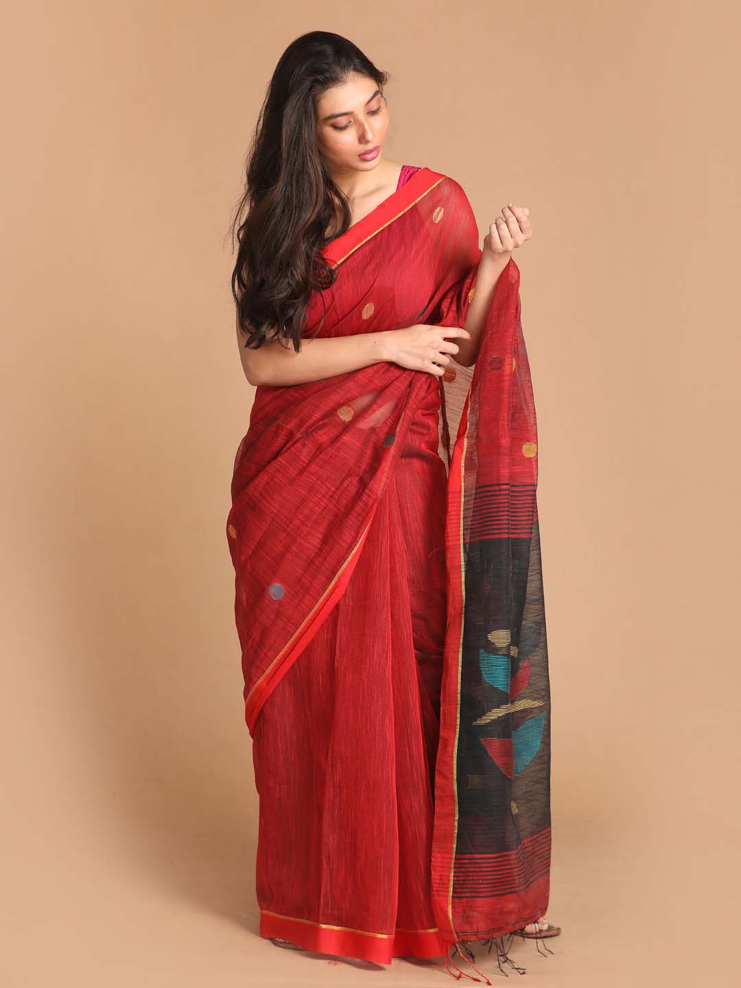 Indethnic Red Bengal Handloom Cotton Blend Work Saree - View 1