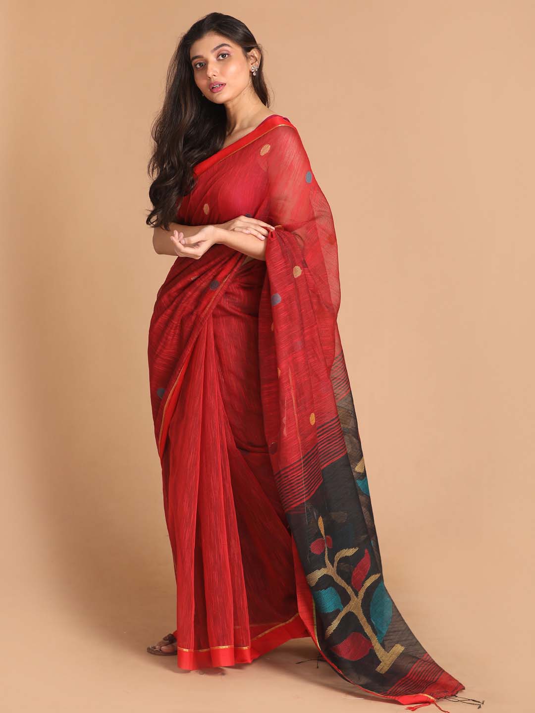 Indethnic Red Bengal Handloom Cotton Blend Work Saree - View 2