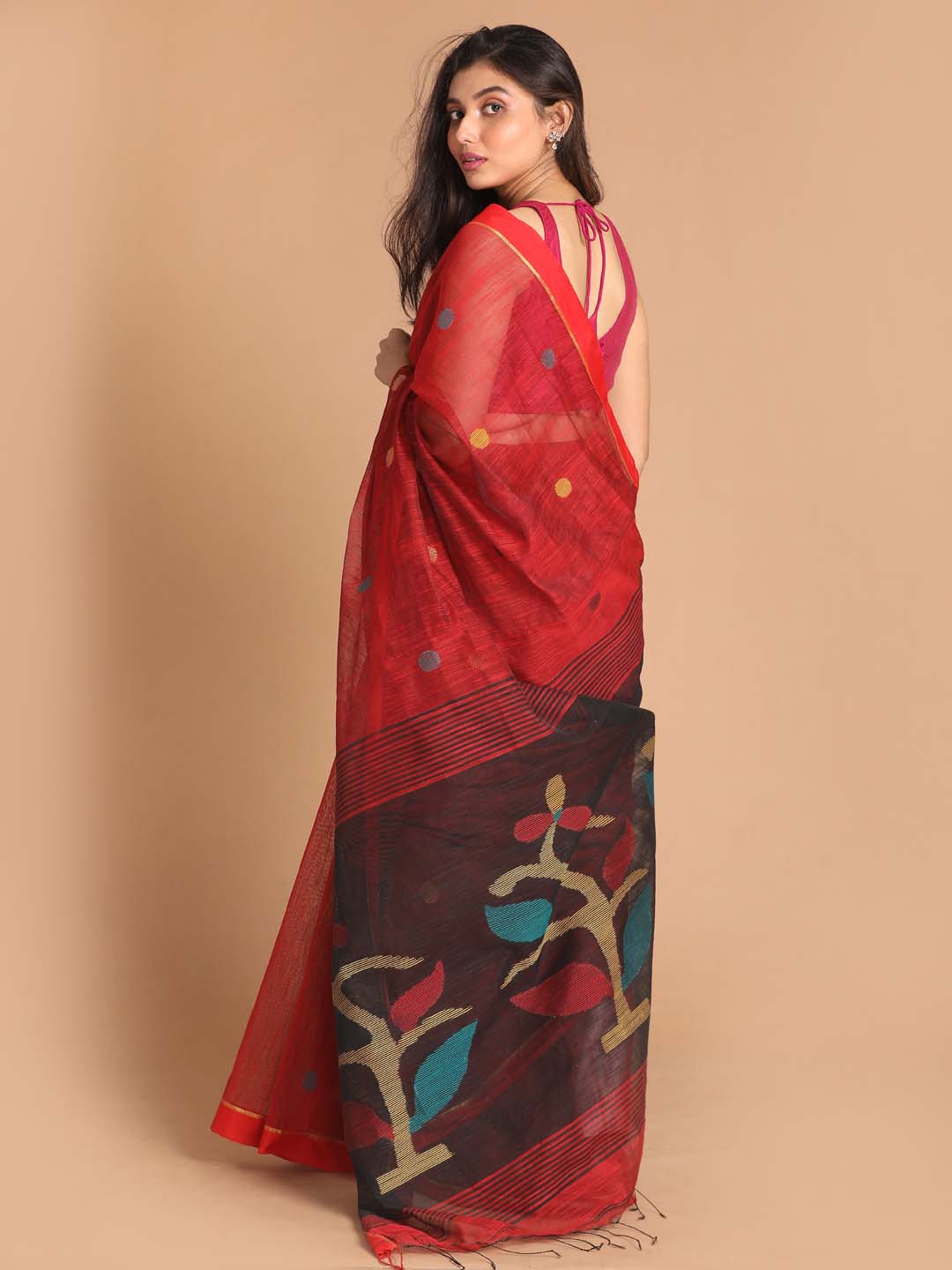 Indethnic Red Bengal Handloom Cotton Blend Work Saree - View 3