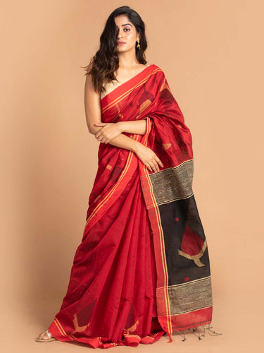 Red Bengal Handloom Cotton Blend Work Saree