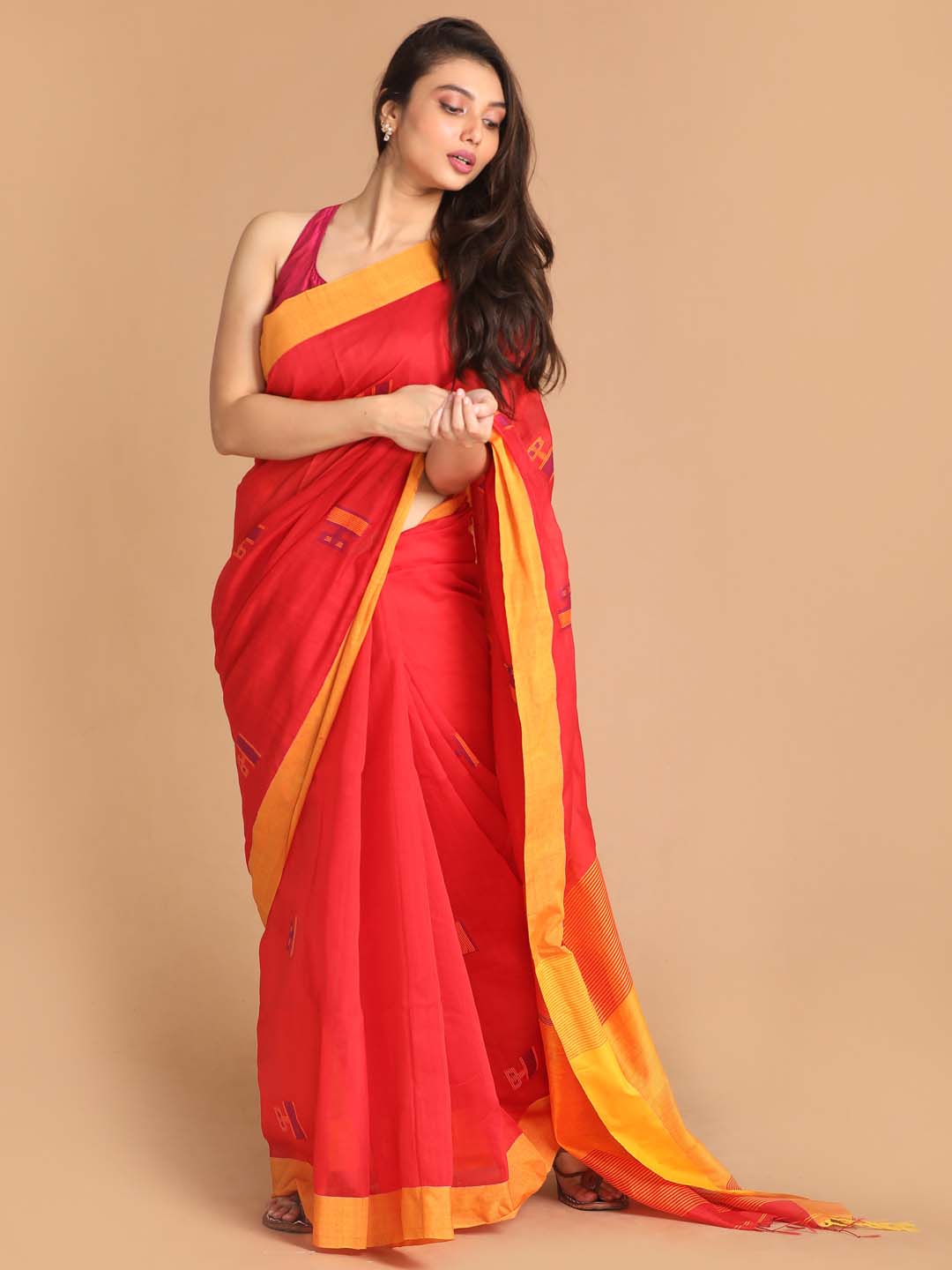 Indethnic Red Bengal Handloom Cotton Blend Work Saree - View 1