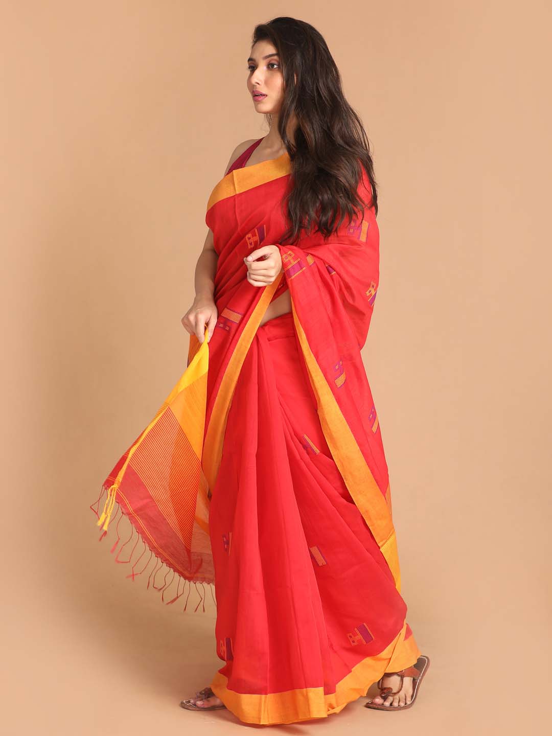 Indethnic Red Bengal Handloom Cotton Blend Work Saree - View 2