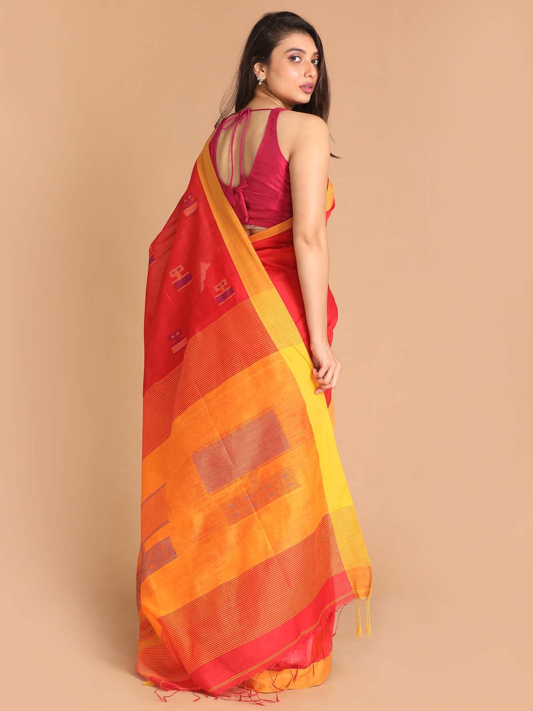 Indethnic Red Bengal Handloom Cotton Blend Work Saree - View 3