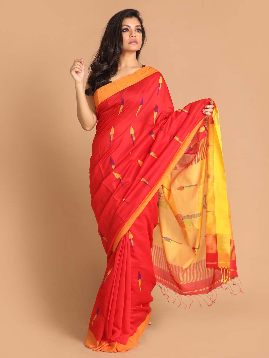 Indethnic Red Bengal Handloom Cotton Blend Work Saree - View 1