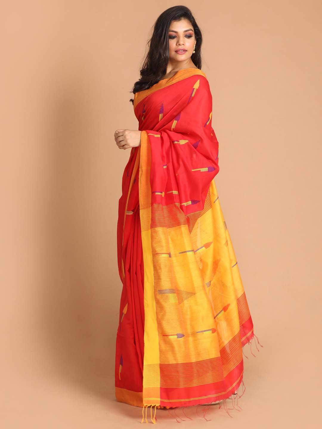Indethnic Red Bengal Handloom Cotton Blend Work Saree - View 2