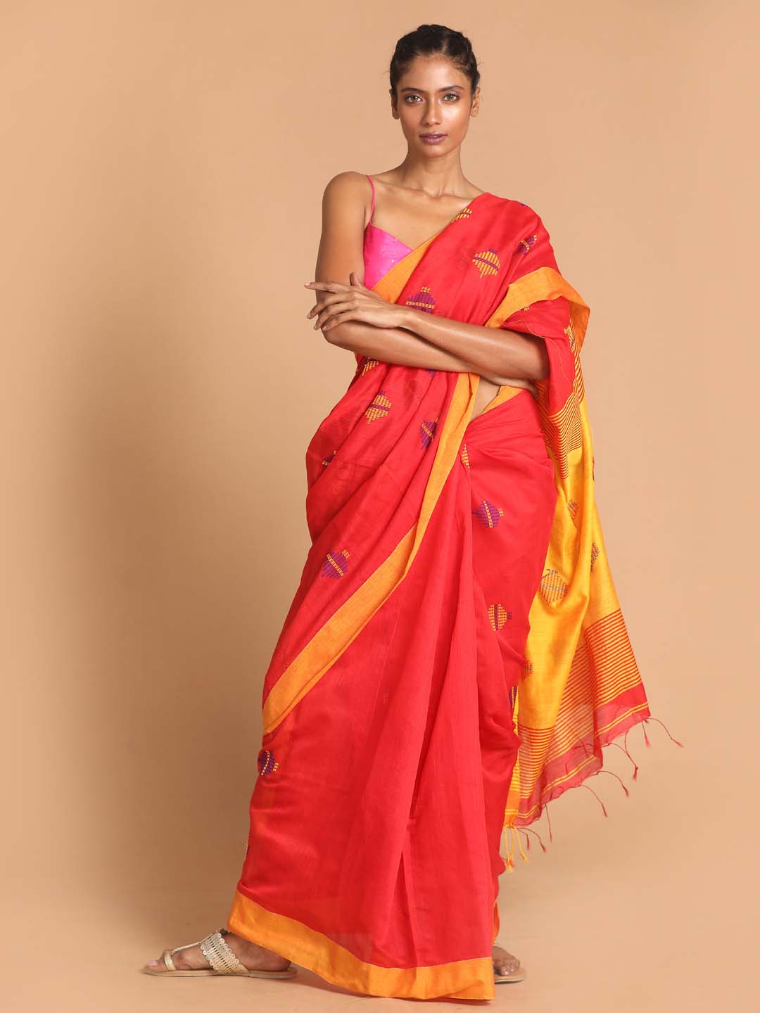 Indethnic Red Bengal Handloom Cotton Blend Work Saree - View 1