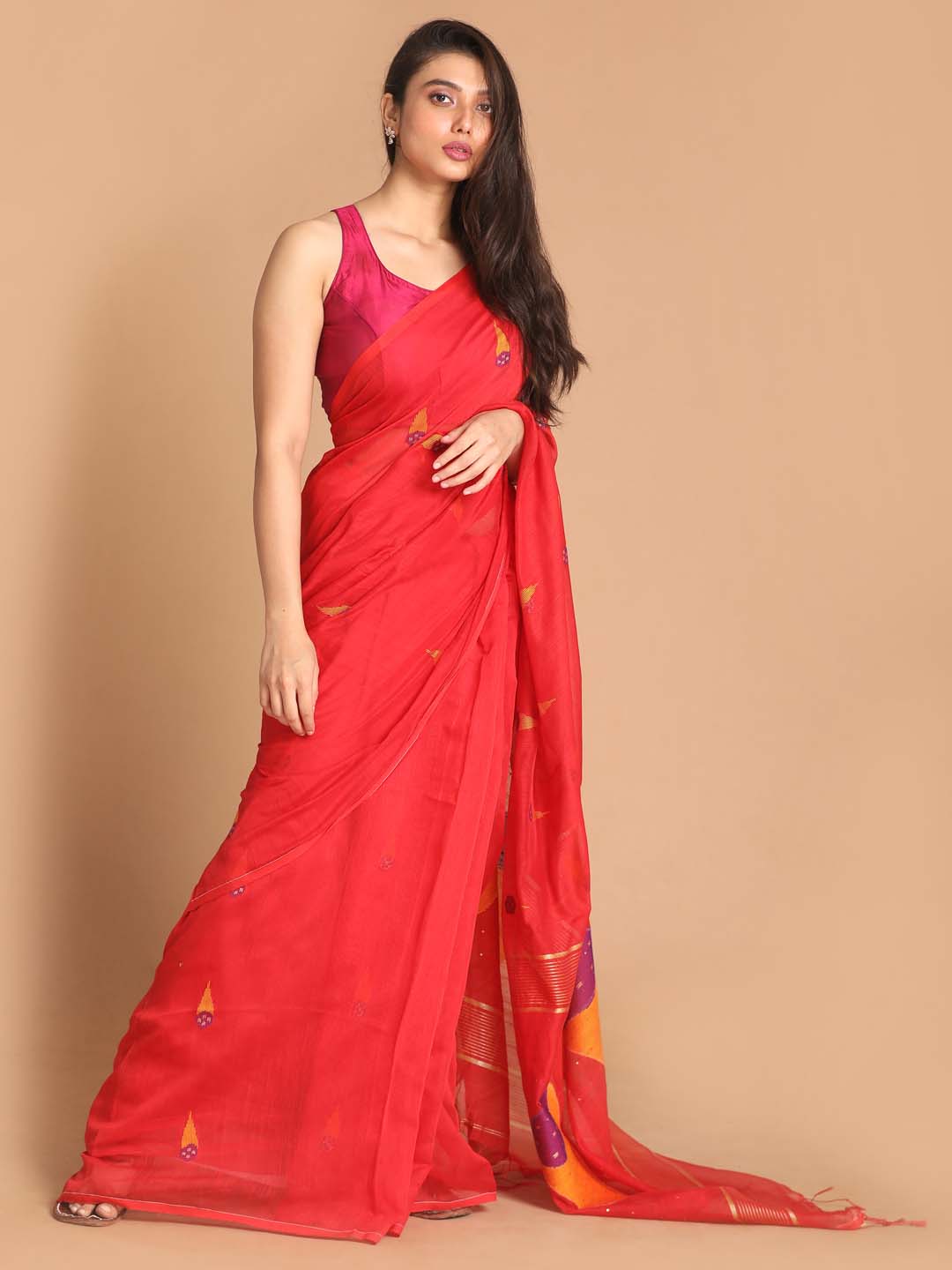 Indethnic Red Bengal Handloom Cotton Blend Work Saree - View 1