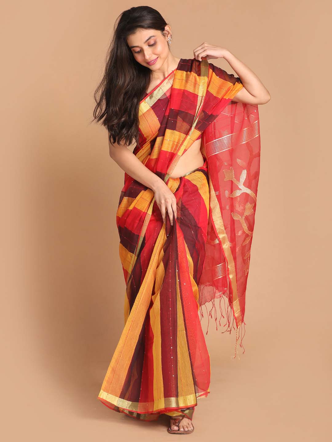 Indethnic Red Bengal Handloom Cotton Blend Work Saree - View 1