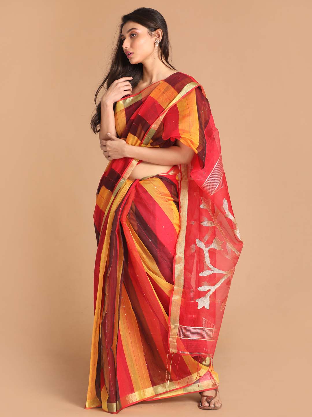 Indethnic Red Bengal Handloom Cotton Blend Work Saree - View 2