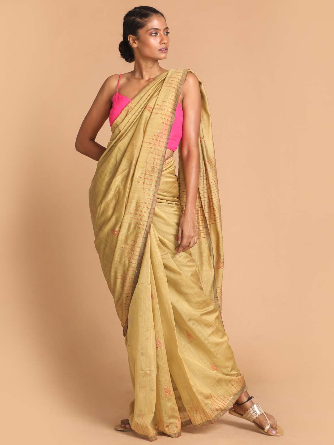 Indethnic Beige Bengal Handloom Cotton Blend Work Saree - View 1