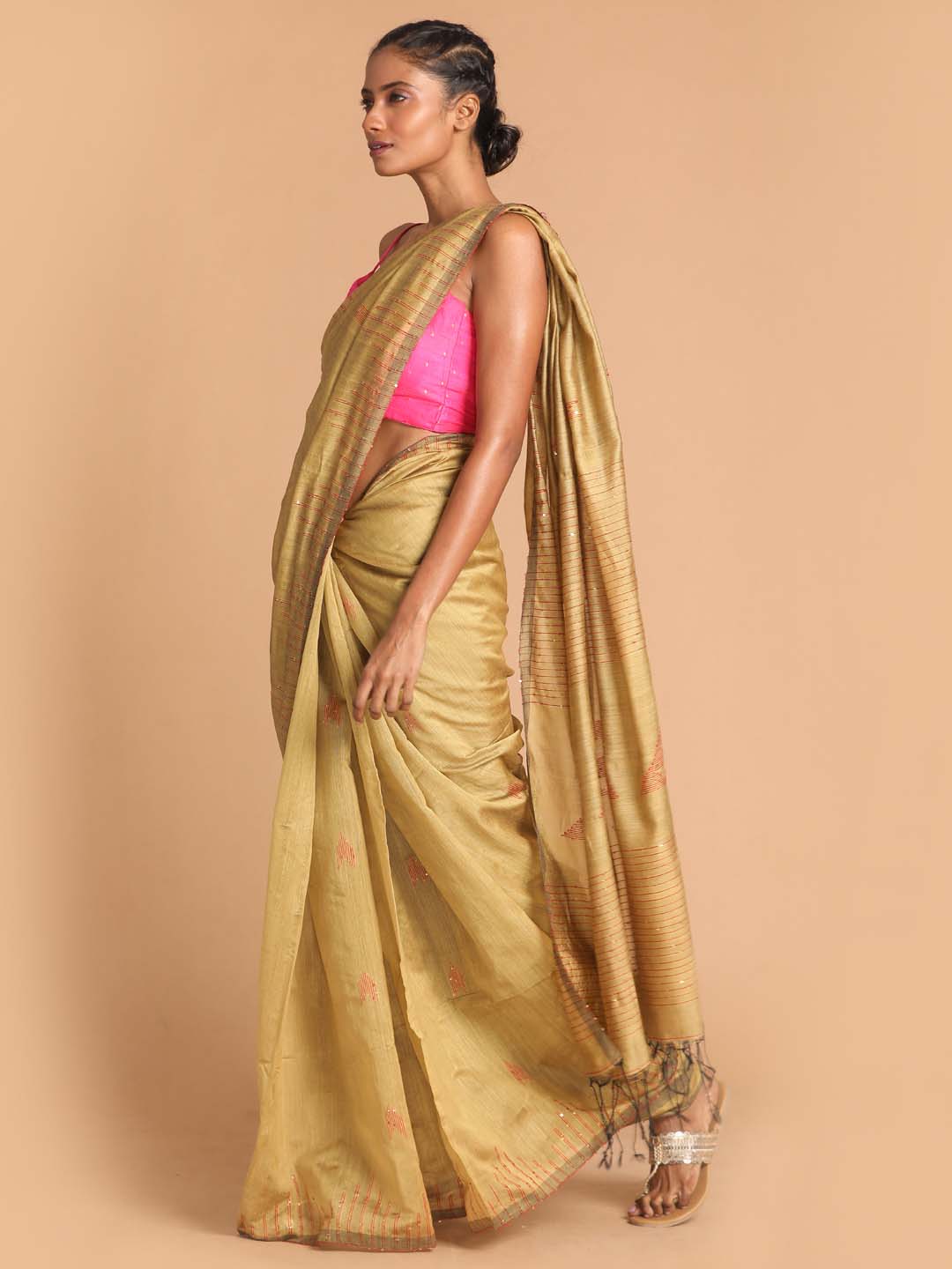 Indethnic Beige Bengal Handloom Cotton Blend Work Saree - View 2