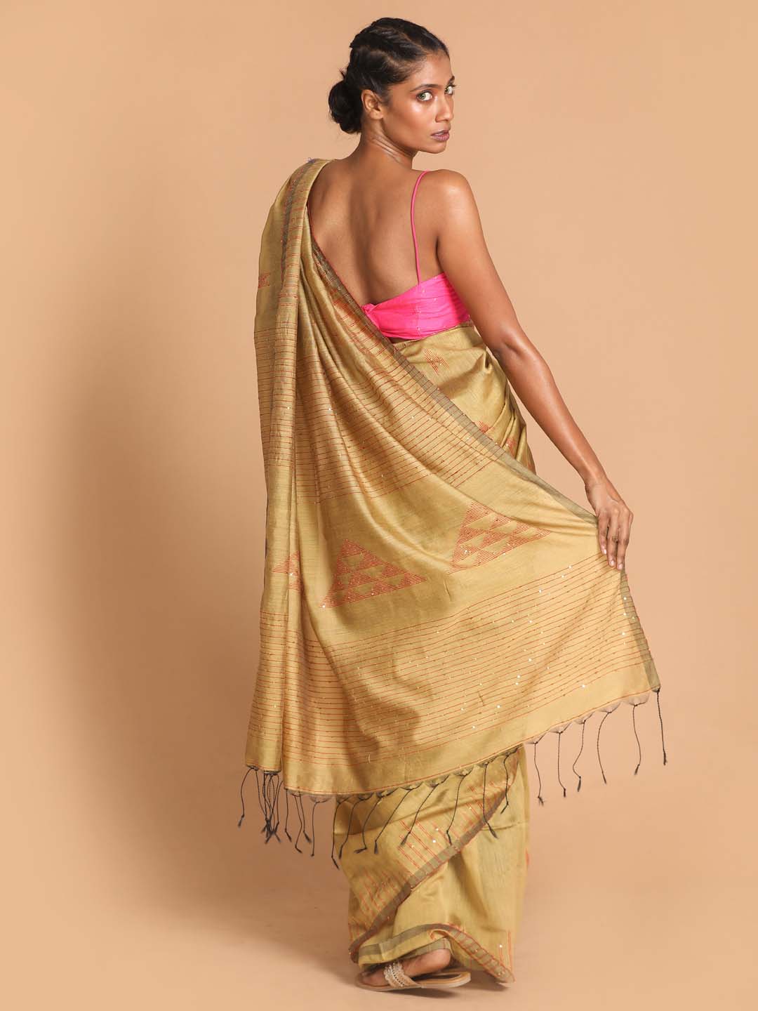 Indethnic Beige Bengal Handloom Cotton Blend Work Saree - View 3