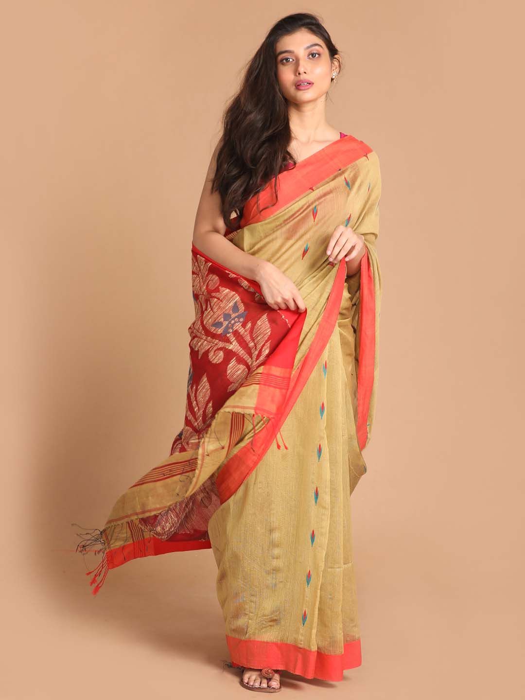 Indethnic Beige Bengal Handloom Cotton Blend Work Saree - View 1