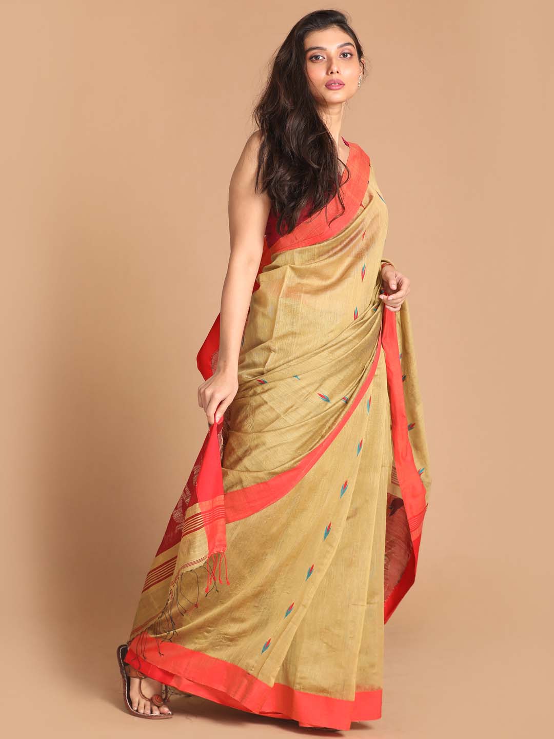 Indethnic Beige Bengal Handloom Cotton Blend Work Saree - View 2