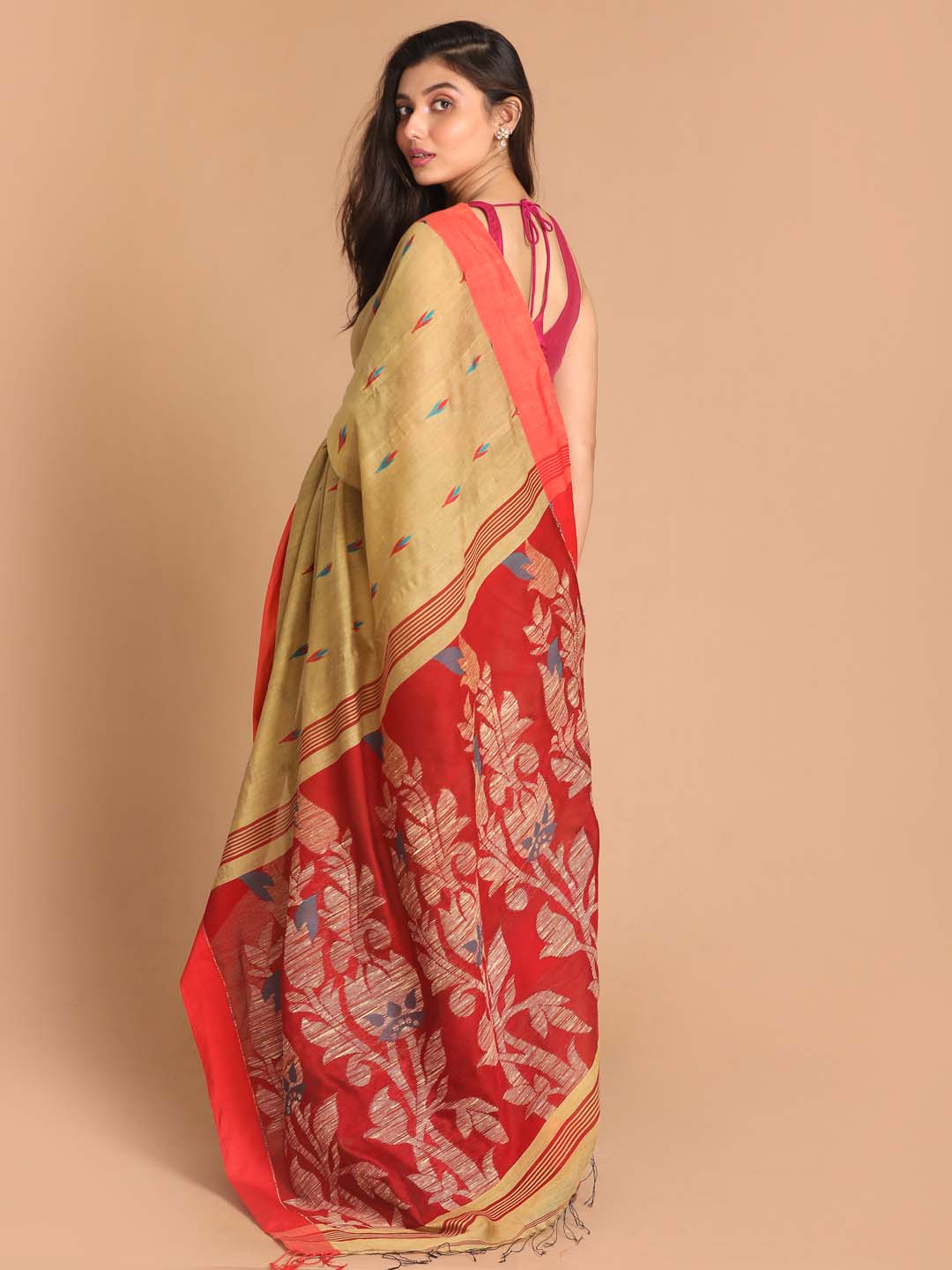 Indethnic Beige Bengal Handloom Cotton Blend Work Saree - View 3