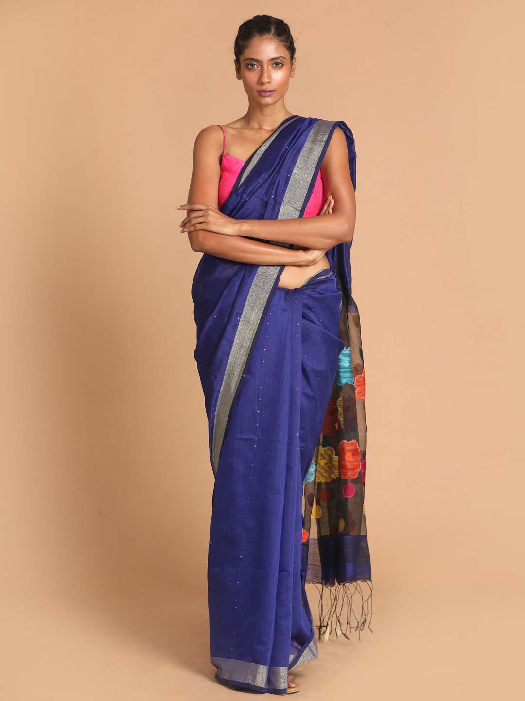 Indethnic Blue Bengal Handloom Cotton Blend Work Saree - View 1