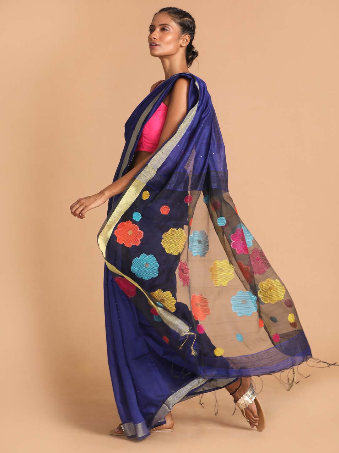 Indethnic Blue Bengal Handloom Cotton Blend Work Saree - View 2