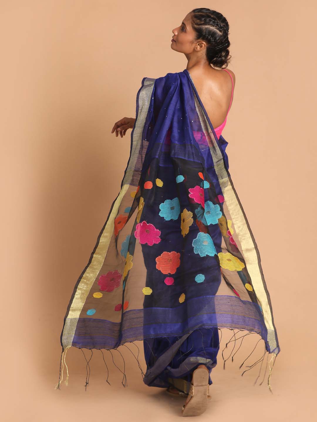 Indethnic Blue Bengal Handloom Cotton Blend Work Saree - View 3