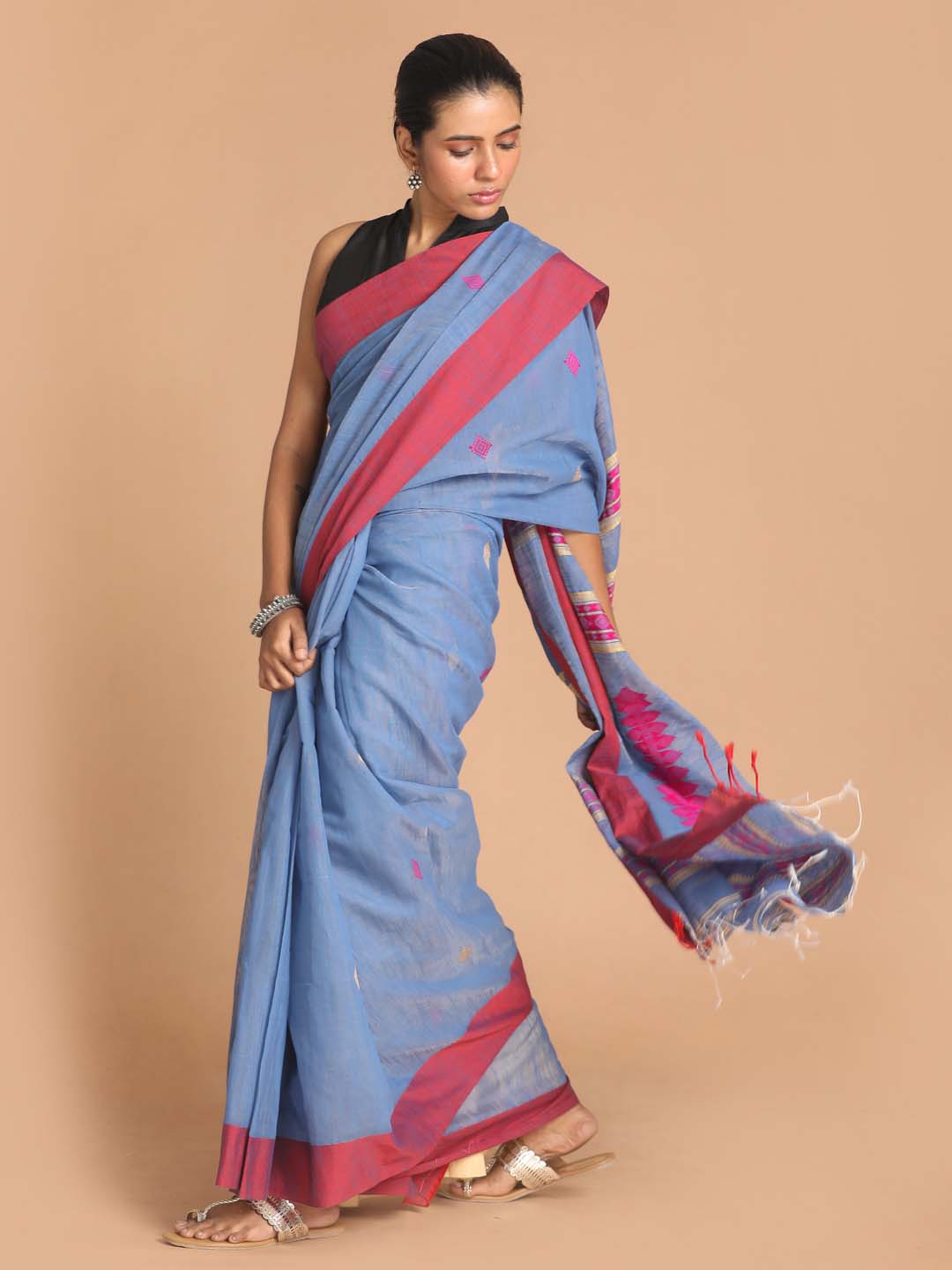 Indethnic Blue Bengal Handloom Cotton Blend Work Saree - View 1