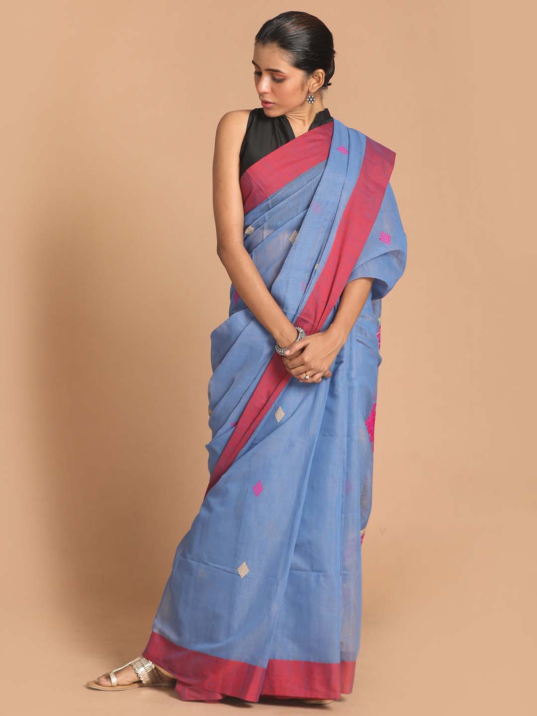 Indethnic Blue Bengal Handloom Cotton Blend Work Saree - View 2