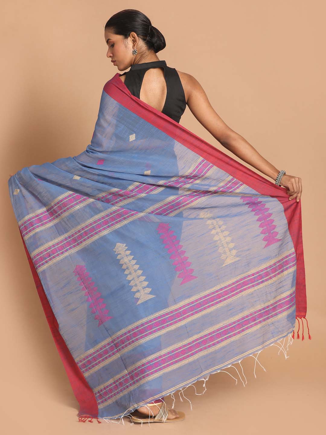 Indethnic Blue Bengal Handloom Cotton Blend Work Saree - View 3