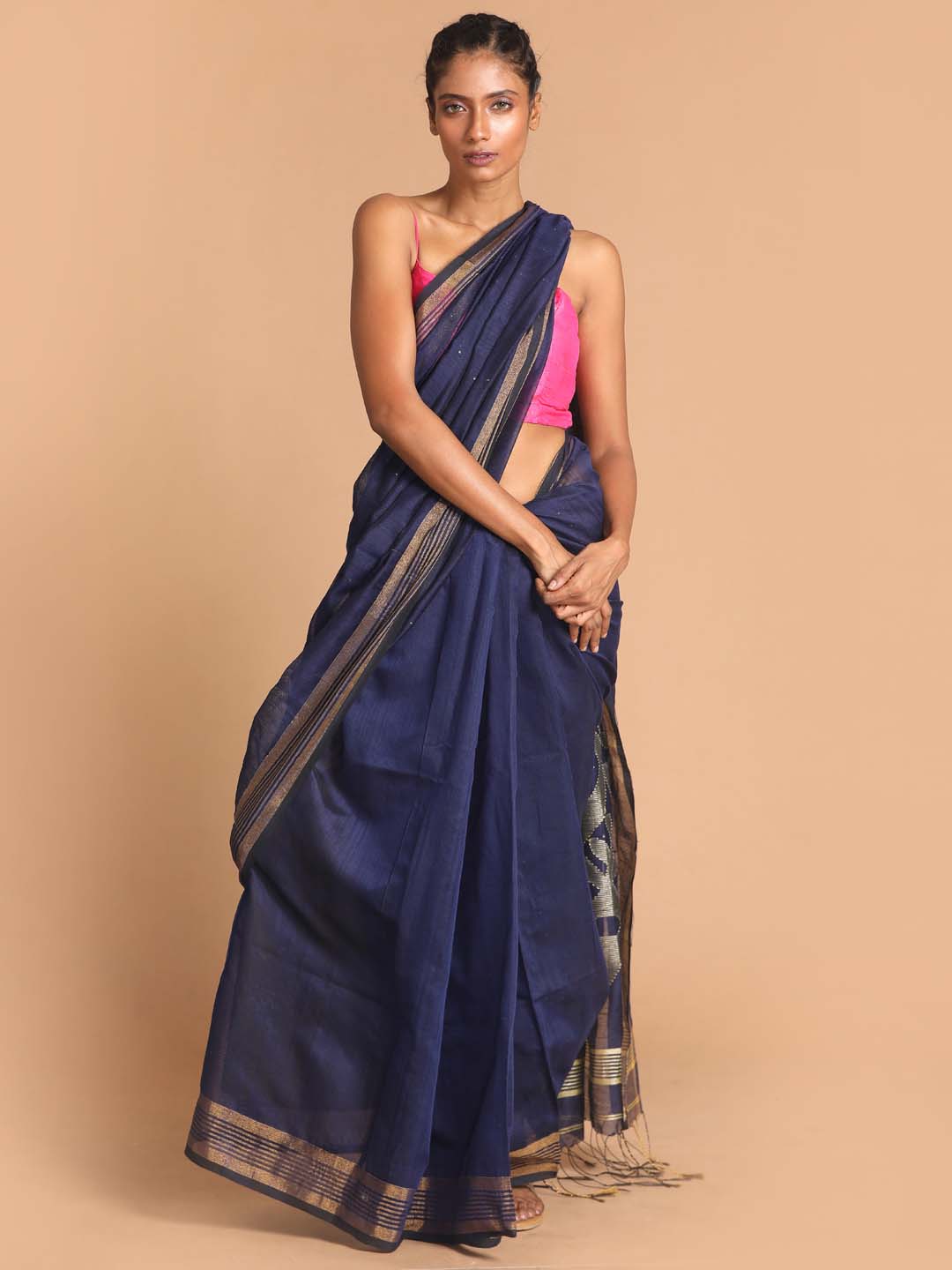 Indethnic Blue Bengal Handloom Cotton Blend Work Saree - View 1