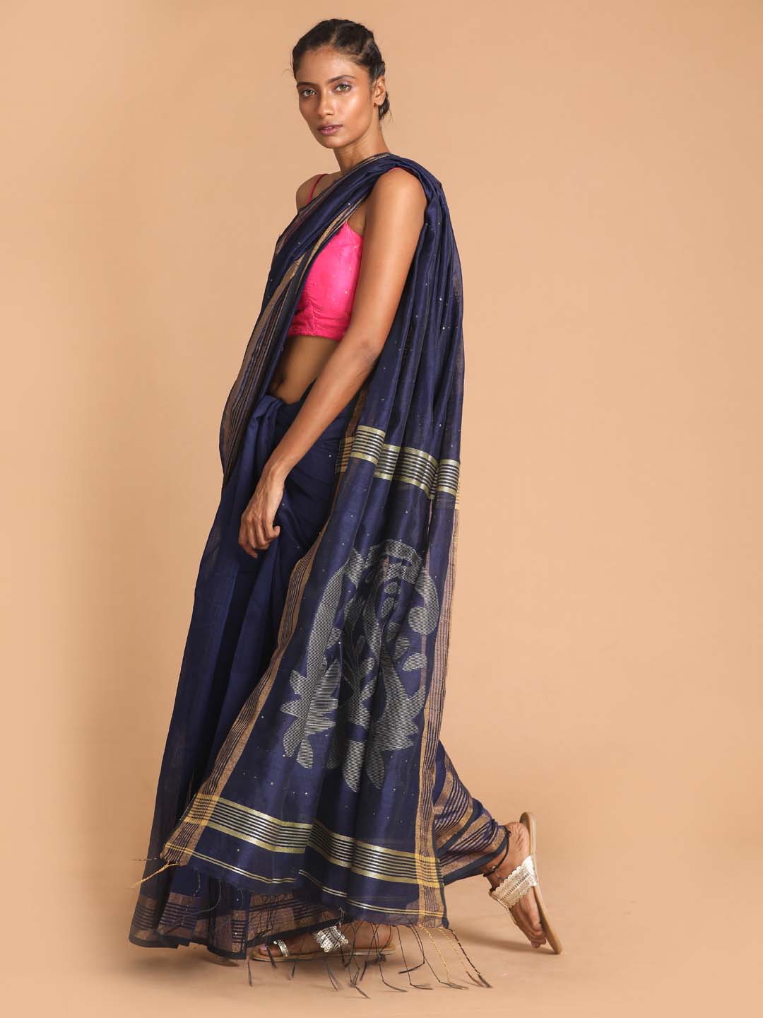 Indethnic Blue Bengal Handloom Cotton Blend Work Saree - View 2