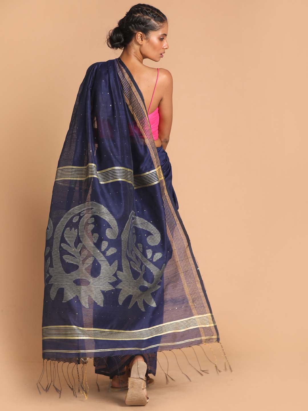 Indethnic Blue Bengal Handloom Cotton Blend Work Saree - View 3