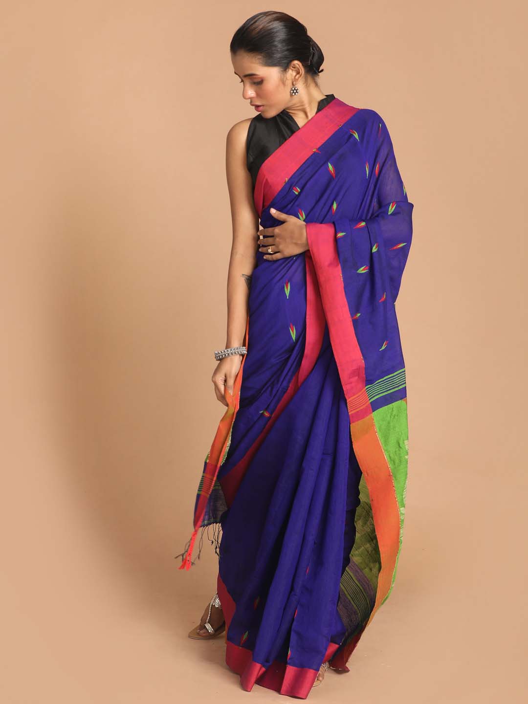 Indethnic Blue Bengal Handloom Cotton Blend Work Saree - View 1