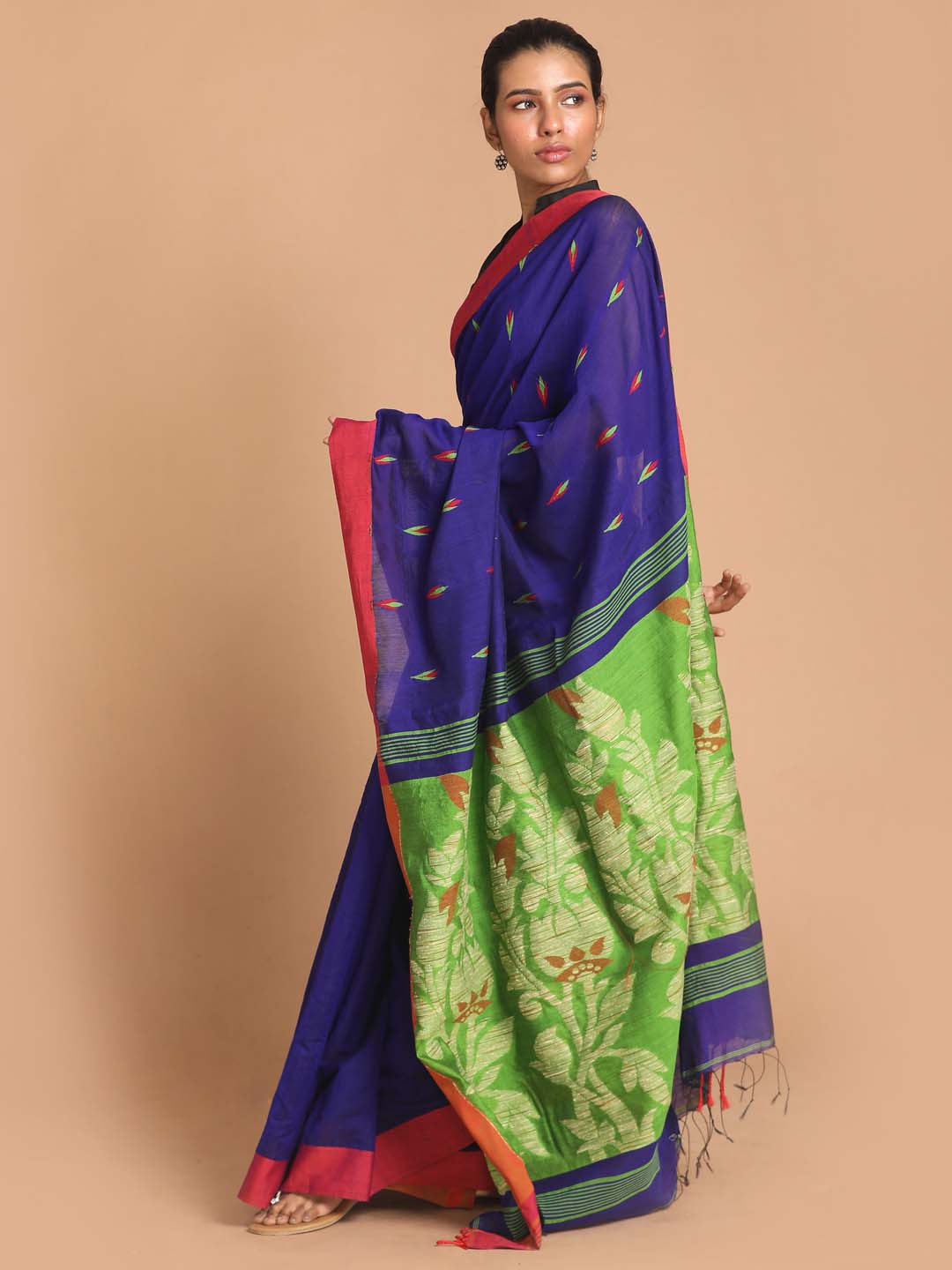 Indethnic Blue Bengal Handloom Cotton Blend Work Saree - View 2