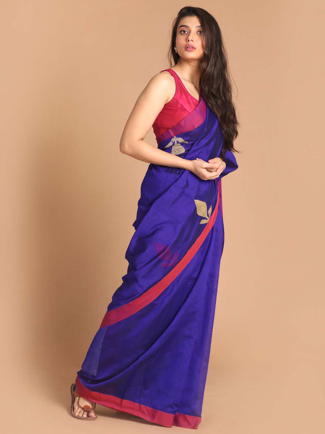 Indethnic Blue Bengal Handloom Cotton Blend Work Saree - View 1