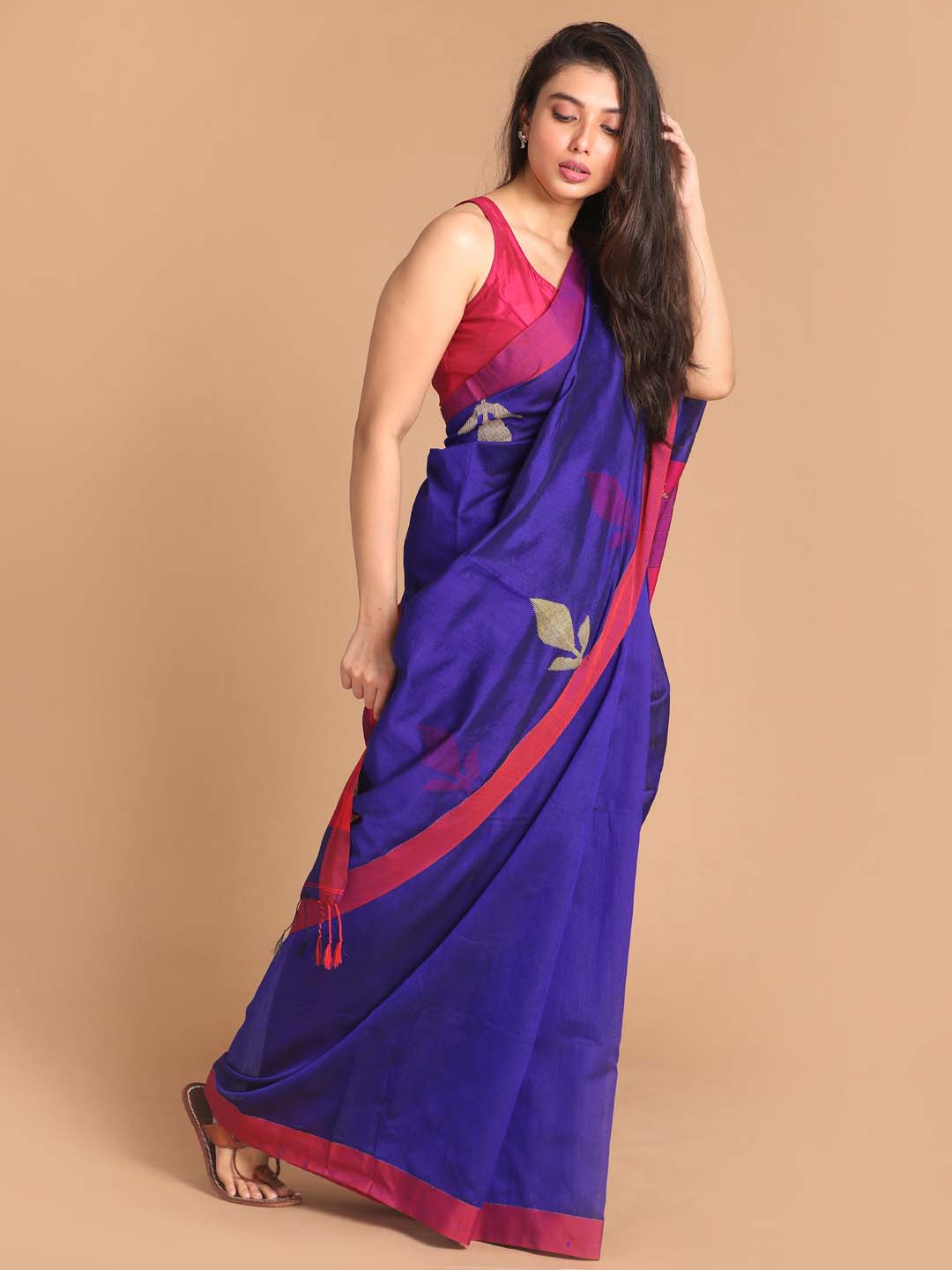 Indethnic Blue Bengal Handloom Cotton Blend Work Saree - View 2