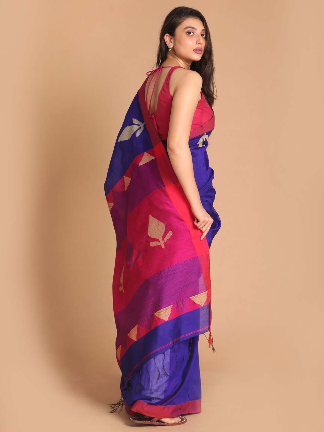 Indethnic Blue Bengal Handloom Cotton Blend Work Saree - View 3