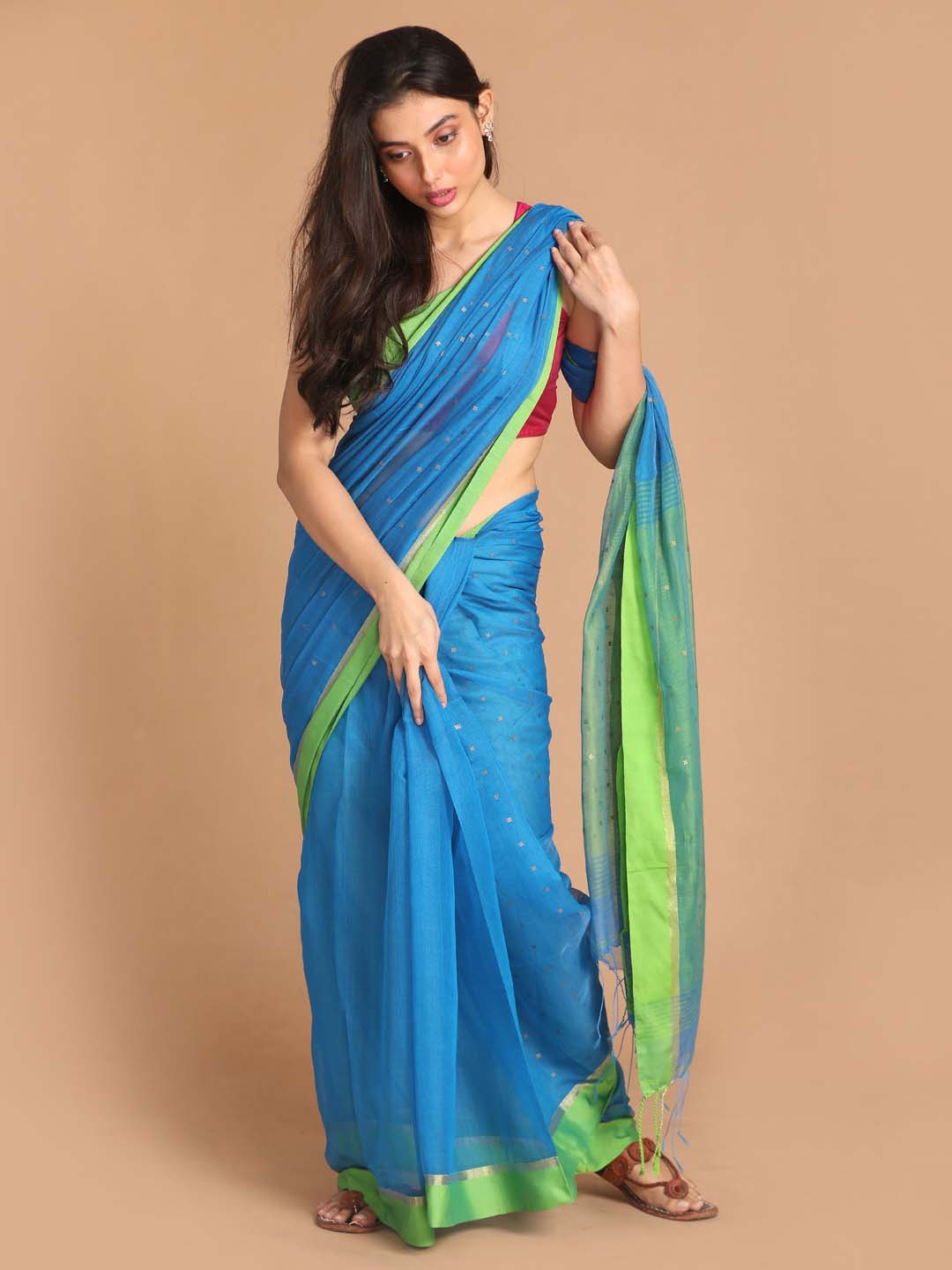 Indethnic Blue Bengal Handloom Cotton Blend Work Saree - View 1