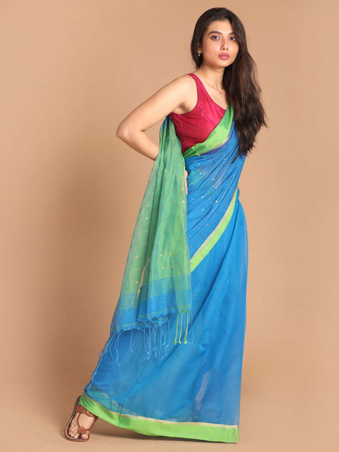 Indethnic Blue Bengal Handloom Cotton Blend Work Saree - View 1