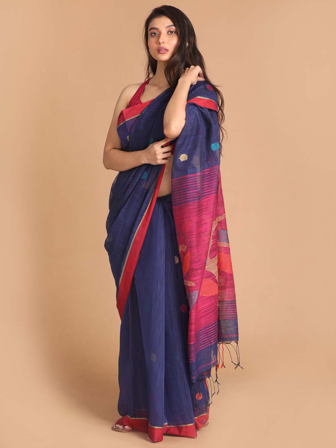 Indethnic Blue Bengal Handloom Cotton Blend Work Saree - View 1