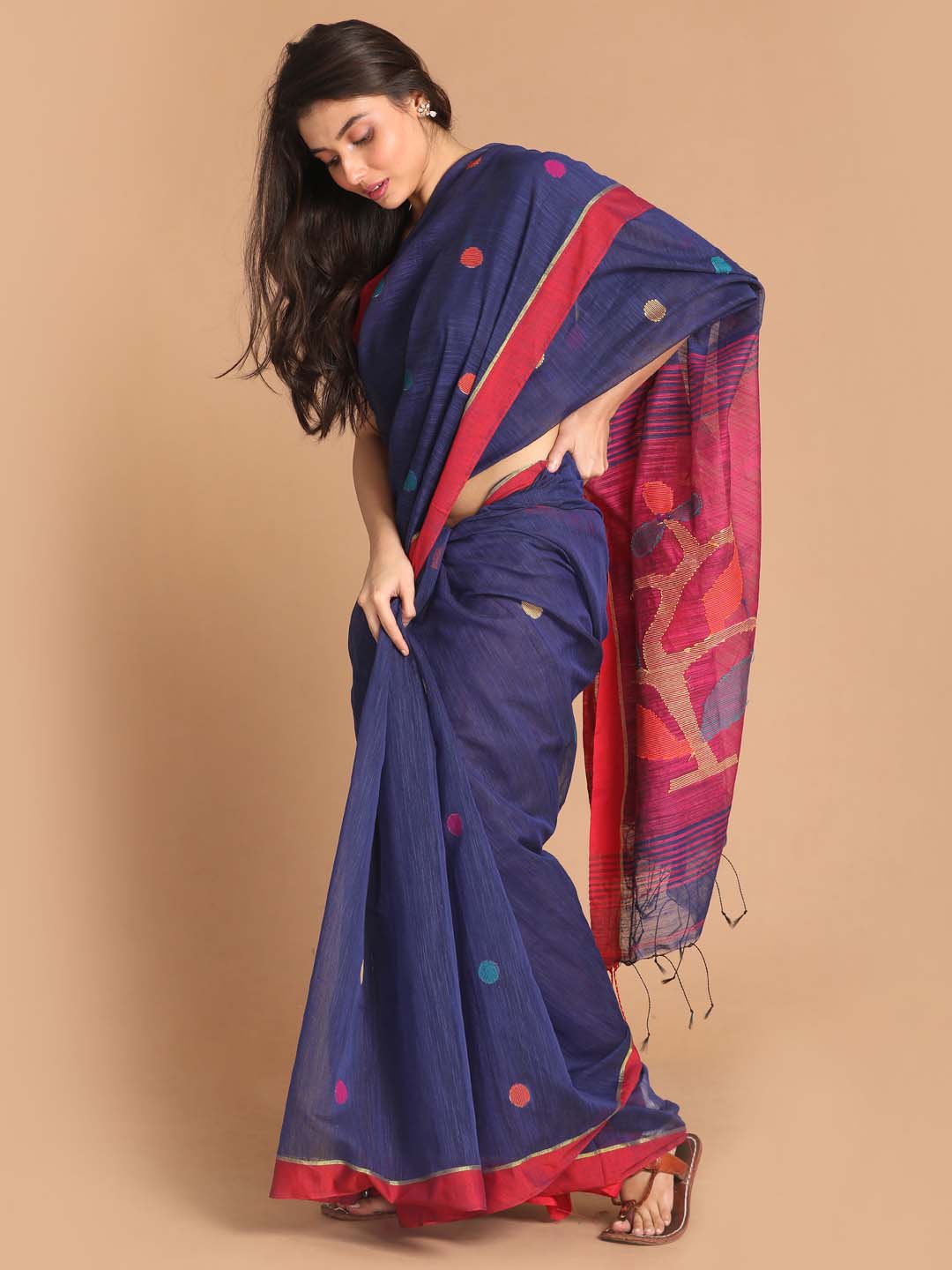 Indethnic Blue Bengal Handloom Cotton Blend Work Saree - View 2