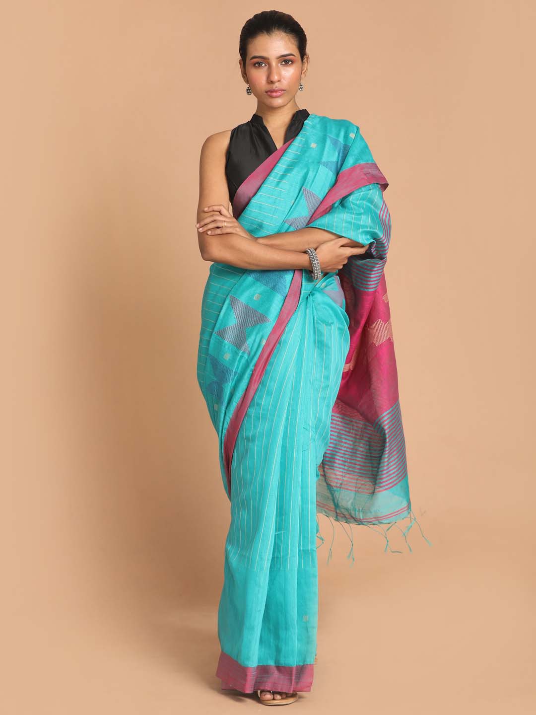 Indethnic Blue Bengal Handloom Cotton Blend Work Saree - View 1